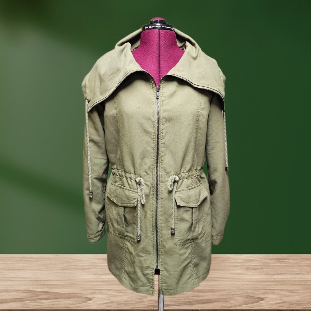Gianni Bini Utility Jacket Coat Army Green Olive Funnel Collar Drape Collar